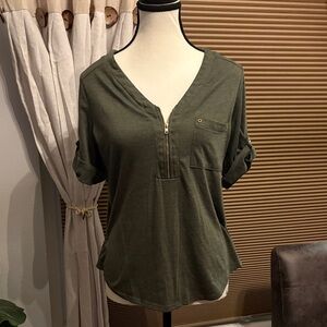 Olive Green Women's Top with Zipper Detail